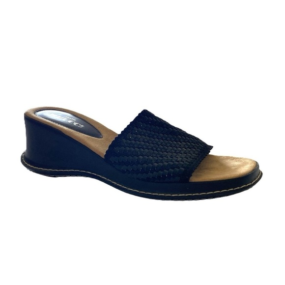 Sesto Meucci Wedge Black Mule Slide-on Woven Leather Sandals - Picture 1 of 7